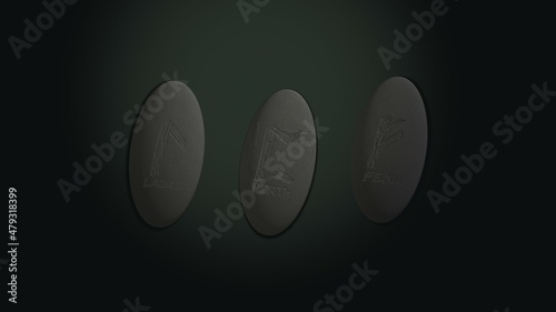 Three scandinavian oval runas in stones predicting fate placed over green background with mysterious lightning