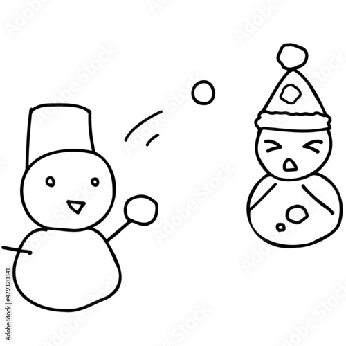 雪ダルマの雪合戦 線画イラスト