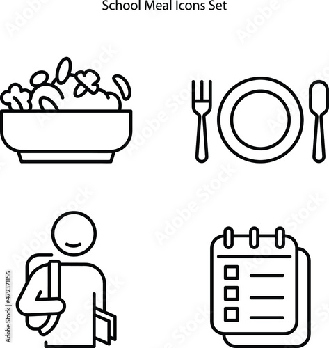 School meal concept outline icons set on white background. menu poster. Healthy eating program. Linear contour symbols collection. Isolated vector stock illustration