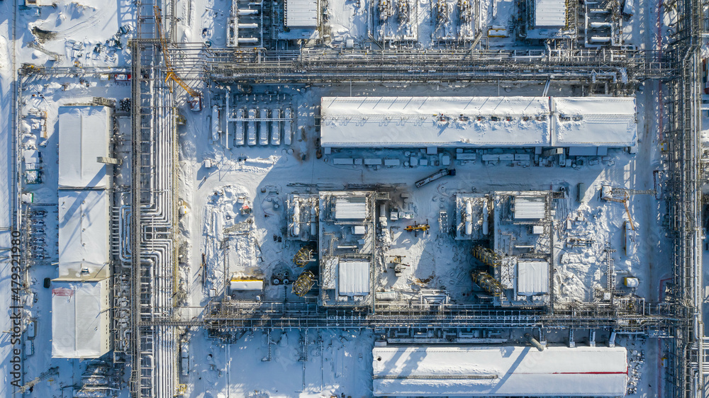 construction of the plant in winter from a height