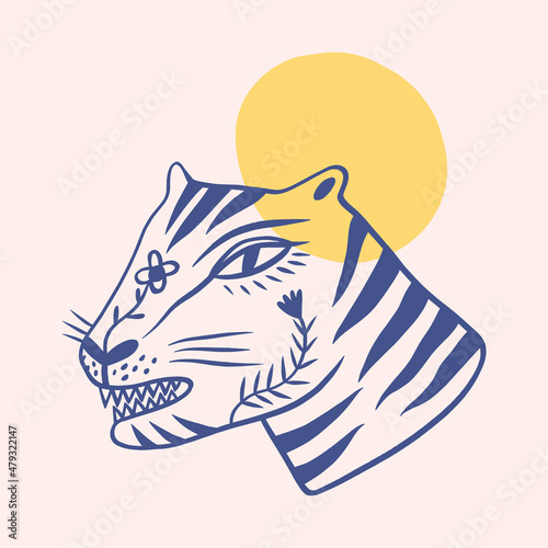 Cute tiger wild animal childish cartoon groovy boho illustration naive funky handdrawn style art vector
