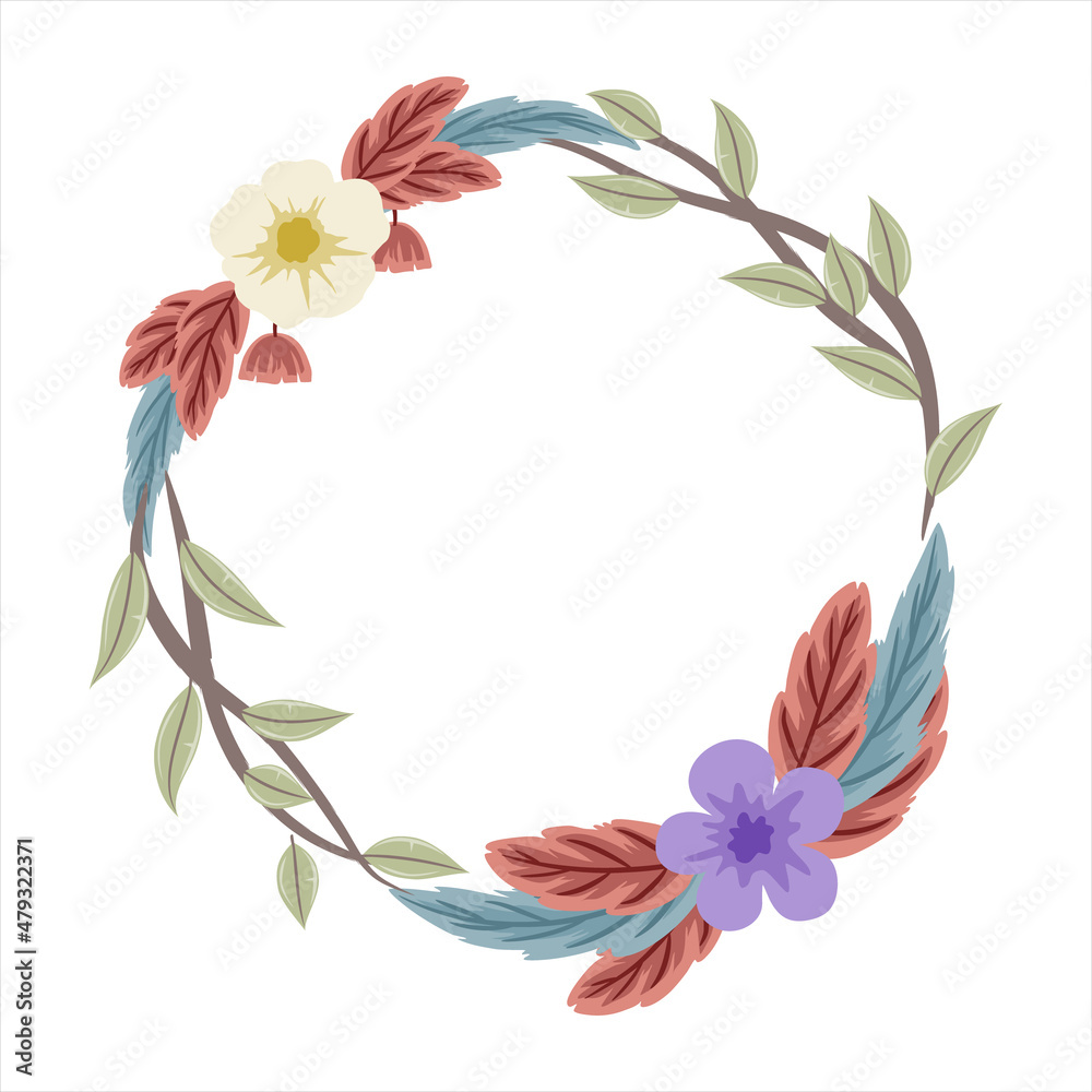 vintage Boho wreath frame with flower and leaves and feathers, suitable for wedding invitation, banner, greeting card template and business card and poster. Hand drawn vector illustration.