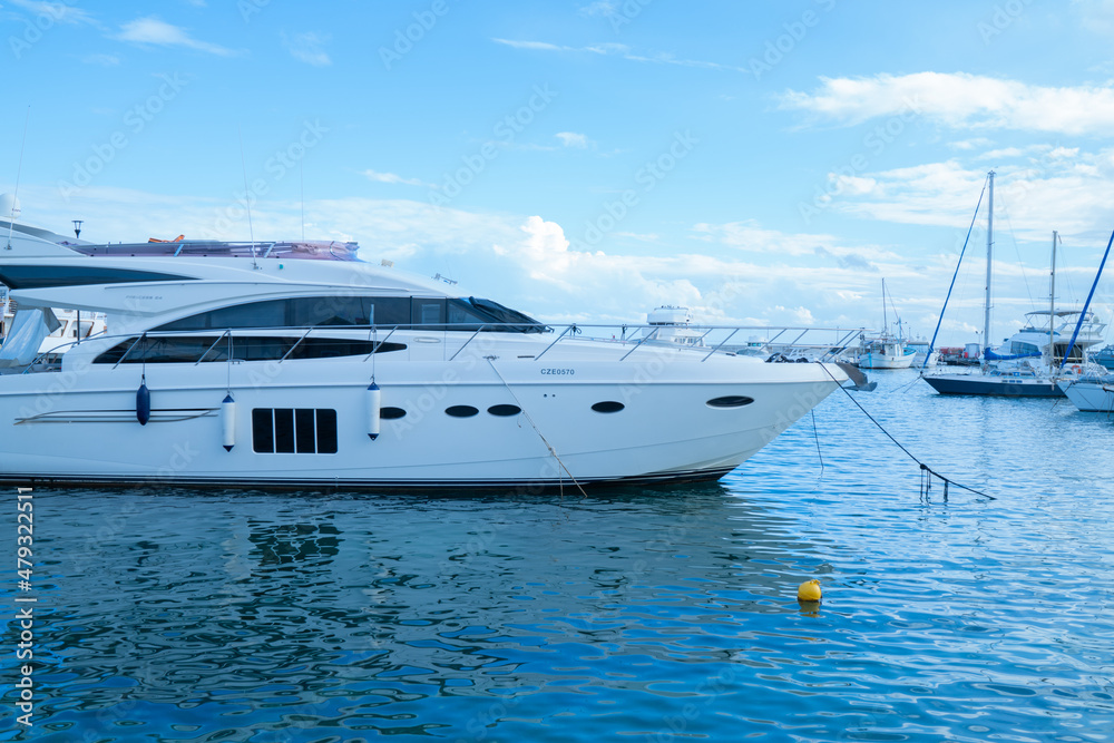Fototapeta premium Beautiful yacht stands in the boat parking.