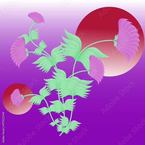 Pink flowers on colored gradient background with red circles