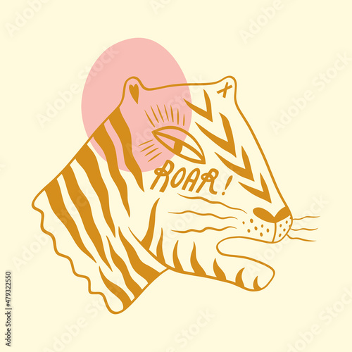 Cute tiger wild animal childish cartoon groovy boho illustration naive funky handdrawn style art vector