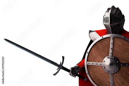 Murais de parede Knight with sword and wooden shield on white background 3D illustration