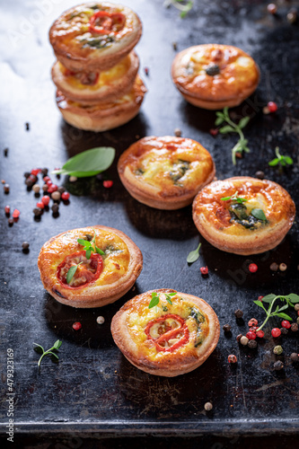 Tasty mini tart with cheese and tomatoes. Appetizer for vegan.