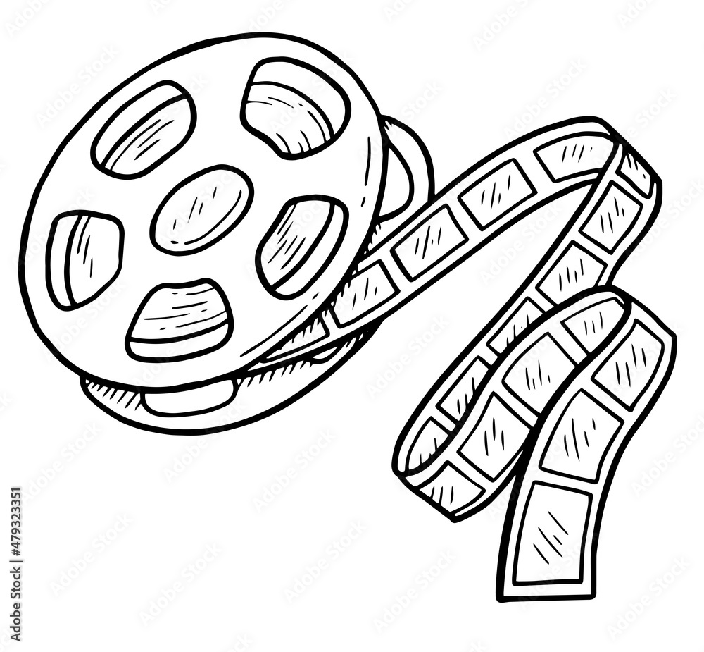 Cinema tape sketch. Black hand-drawn object on a white background. Vector  illustration. Scribble. Film reel. doodle Stock Vector