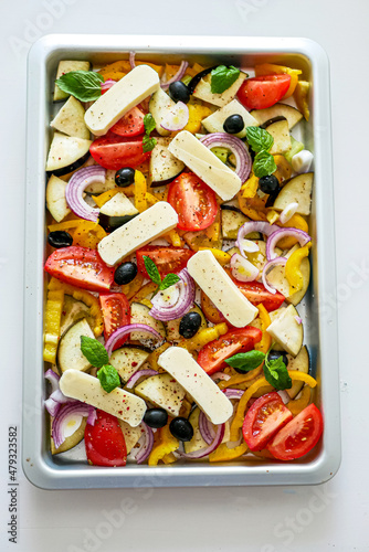 Halloumi Cheese for Baking with Vegetables on a Baking Sheet, Sheet Pan Cheese Vegetables Background