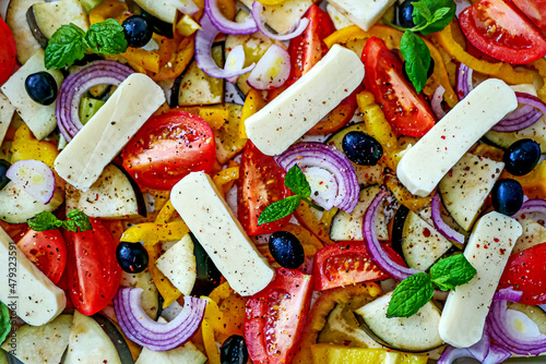 Tableau sur toile Halloumi Cheese for Baking with Vegetables on a Baking Sheet, Sheet Pan Cheese V