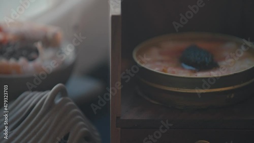 Shrimp Paste with Black Caviar in Wooden Box with Edible Flowers on top