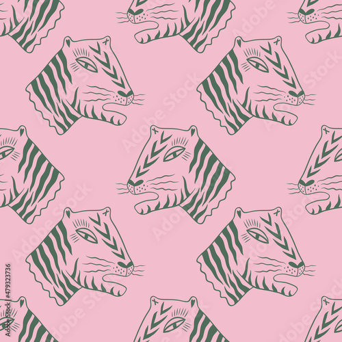 Doodle tigers childish cartoon groovy boho illustration naive funky handdrawn style art seamless pattern vector