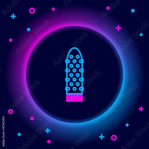 Glowing neon line Dildo vibrator for sex games icon isolated on black background. Sex toy for adult. Vaginal exercise machines for intimate. Colorful outline concept. Vector