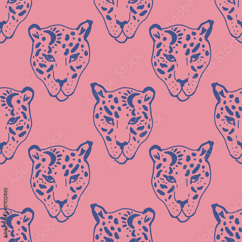 Cute leopard wild animal childish cartoon groovy boho seamless pattern naive funky handdrawn style art vector