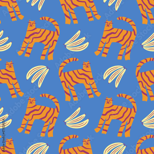 Cute tropical tigers wild animal childish cartoon groovy boho seamless pattern naive funky handdrawn style art vector