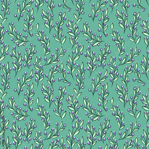 seamless pattern with blueberries on branches with leaves, hand-drawn, berry background for design