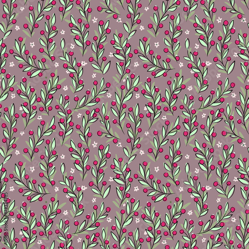 seamless pattern with pink berries on branches with leaves, hand-drawn, berry background for design, lingonberry meadow on a pink background