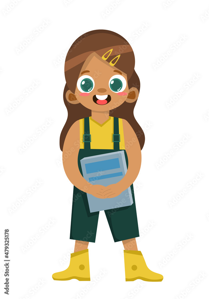 Cute girl in a green jumpsuit with a book in her hands in flat style