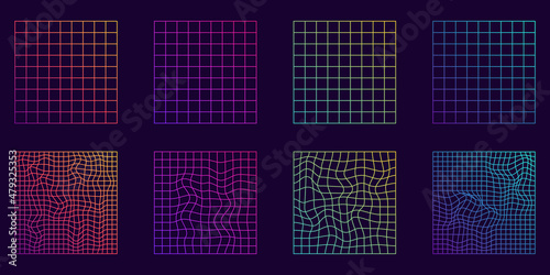 Distorted Grid Square Neon Pattern. Warp Futuristic Geometric Square Glitch. Abstract Modern Design. Wave Ripple Perspective Square. Isolated Vector Illustration