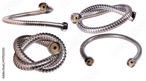 Coiled metal shower hose for water flow transmission.