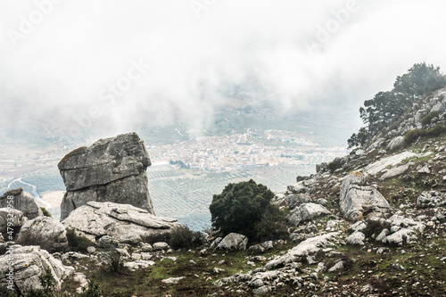 View of the town from the top of Torcal de Antequera, in the municipalities of Antequera and Villanueva de la Concepción. Province of Malaga, Andalusia