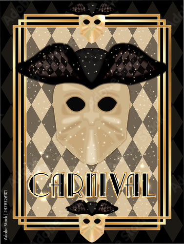 Venice carnival mask Bauta Larva , vip card in art deco style , vector illustration	