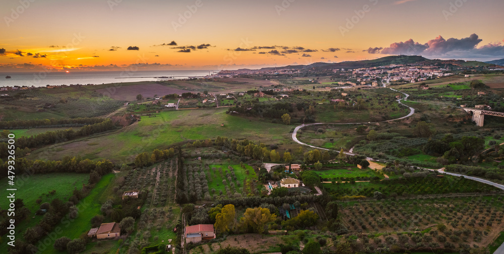 Aerial View of Agrigento at Sunset with the City of Porto Empedocle in the Background, Sicily, Italy, Europe, World Heritage Site