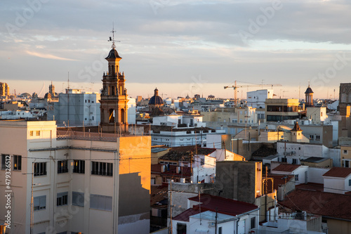 VALENCIA , SPAIN - DECEMBER 6, 2021: aerial cityscape view from Serranos towers on the old town of Valencia city in Spain