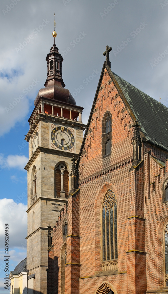 White tower and Cathedral of Holy Spirit in Hradec Kralove. Czech Republic