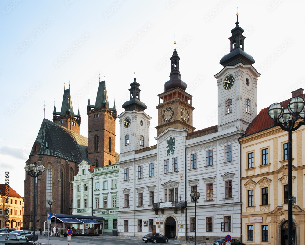 Cathedral of Holy Spirit, old town hall and White tower at Large square (Velke namesti) in Hradec Kralove. Czech Republic