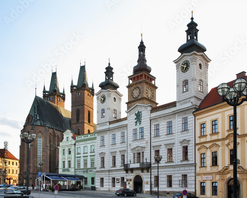 Cathedral of Holy Spirit, old town hall and White tower at Large square (Velke namesti) in Hradec Kralove. Czech Republic