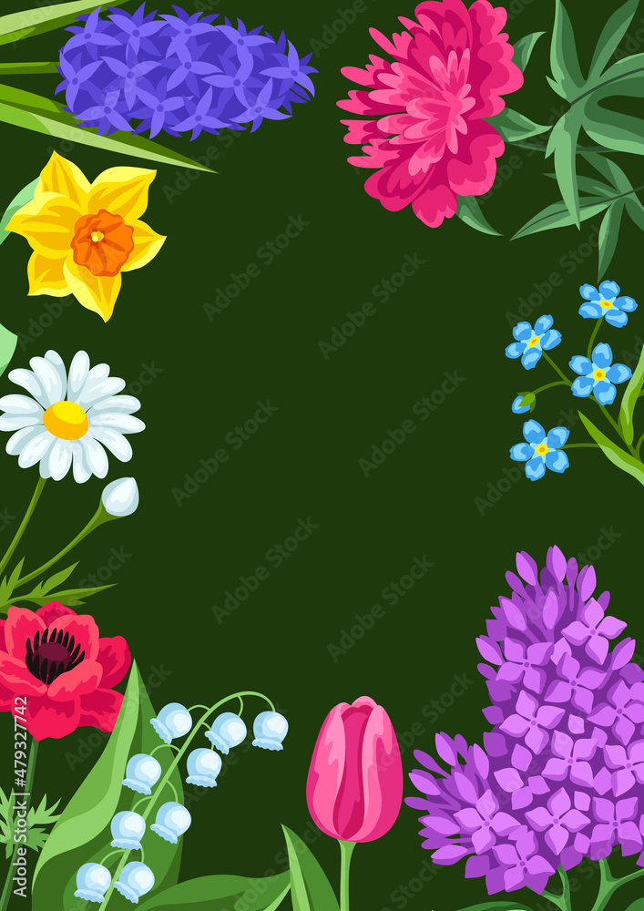 Background with spring flowers. Beautiful decorative bouquet of blooming plants.
