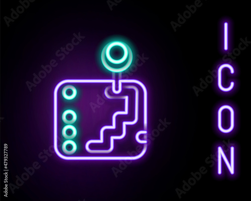 Glowing neon line Gear shifter icon isolated on black background. Transmission icon. Colorful outline concept. Vector