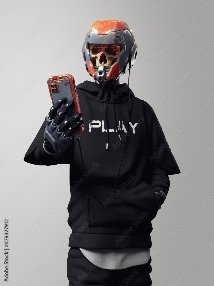 Fashion casual faceless cyber gamer uses mobile phone to play games, social media, read news. 3d render technology zombie with human skull in sci-fi orange blue helmet immersed in modern smartphone.