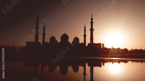 Fotografie, Obraz silhouette of mosque at sunset