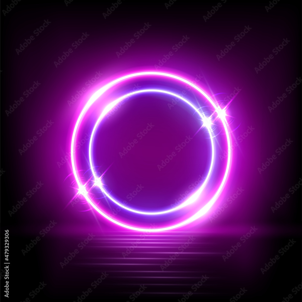 Neon circle frames with glow and shine, bright purple lines of round shape, two rings
