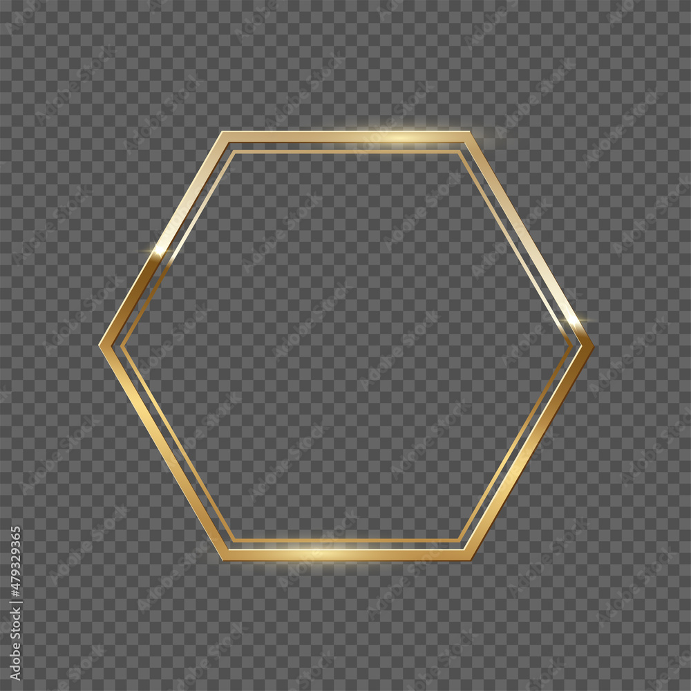 Double golden frame with hexagon shape vector illustration. Realistic 3d elegant golden award lines with glitter, classic geometric presentation, painting frame isolated on transparent background.