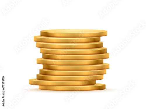Stack of gold coins, money pile, 3d realistic golden heap of shiny cash currency