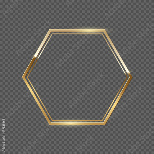 Double golden frame with hexagon shape vector illustration. Realistic 3d elegant golden award lines with glitter, classic geometric presentation, painting frame isolated on transparent background.