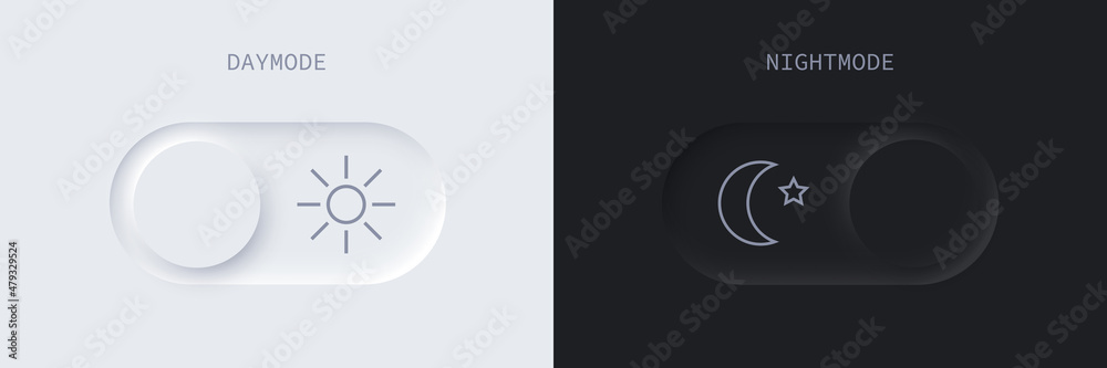 Daymode and nightmode slide neumorphic buttons set, light day and dark night sliders