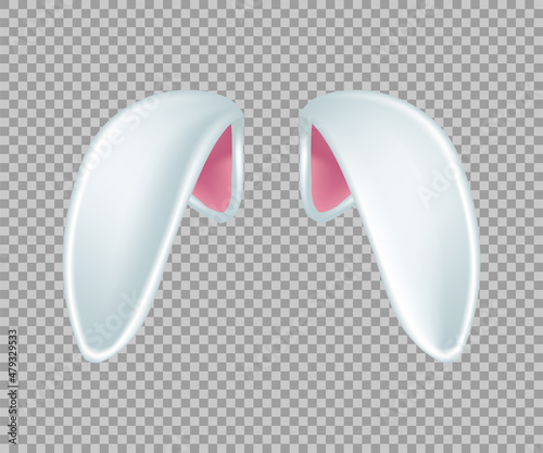 Rabbit ears realistic 3d vector illustration. Easter bunny ears kid headband, mask. Hare costume white and pink element. Photo editor, booth, video chat app isolated on transparent background