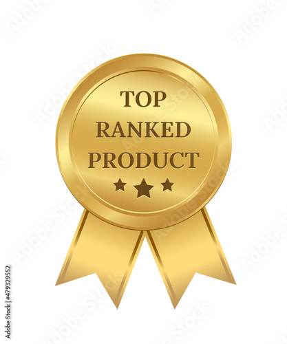 Gold seal with ribbons for top ranked product, medal for best quality, award for first place winners