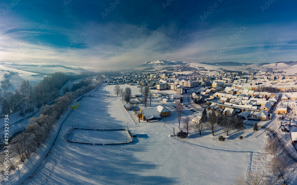 Aerial panorama of the of Podolinec town in winter, Slovakia