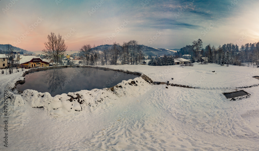 Travertine lake with hot water close to the spa Vysne Ruzbachy, Slovakia