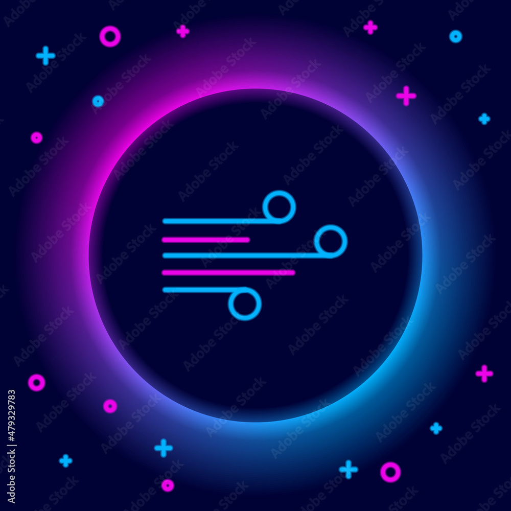 Glowing neon line Wind icon isolated on black background. Windy weather. Colorful outline concept. Vector