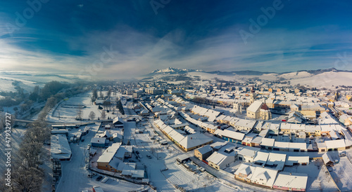 Aerial panorama of the of Podolinec town in winter, Slovakia