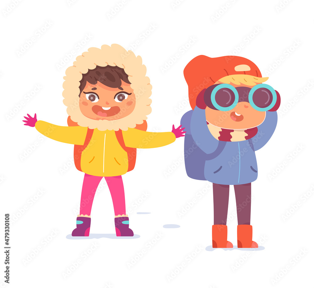 Kids with backpacks travel in winter, scout watching through binoculars with curiosity Kids with backpacks travel in winter, scout watching through binoculars with curiosity