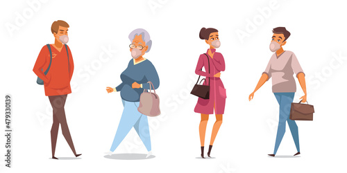 Casual people with face mask set, side view collection of young and older man and woman