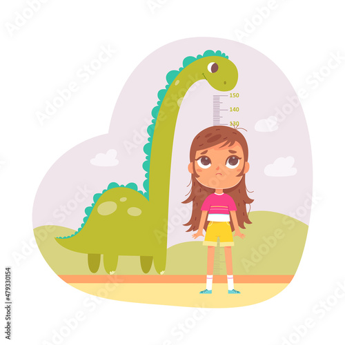 Kid height measure chart for kindergarten, girl wanting to grow to height of dinosaur