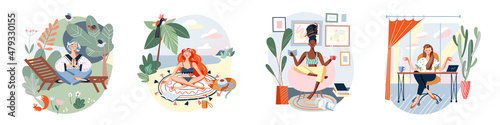 Women relax in zen pose set, sitting in lotus position, relaxing in office, home or park